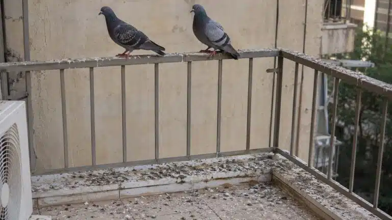 יונים על מעקה מרפסת שירות עם הצטברות לשלשת יבשה מתחתיהן