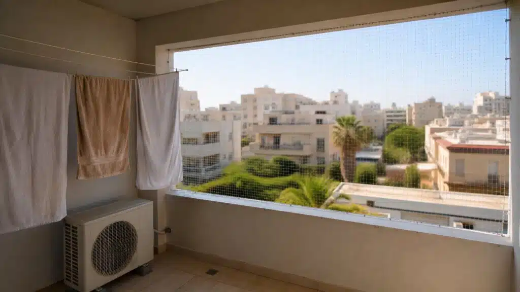 רשת נגד יונים פרושה על פתח מרפסת שירות עם מזגן וחבל כביסה