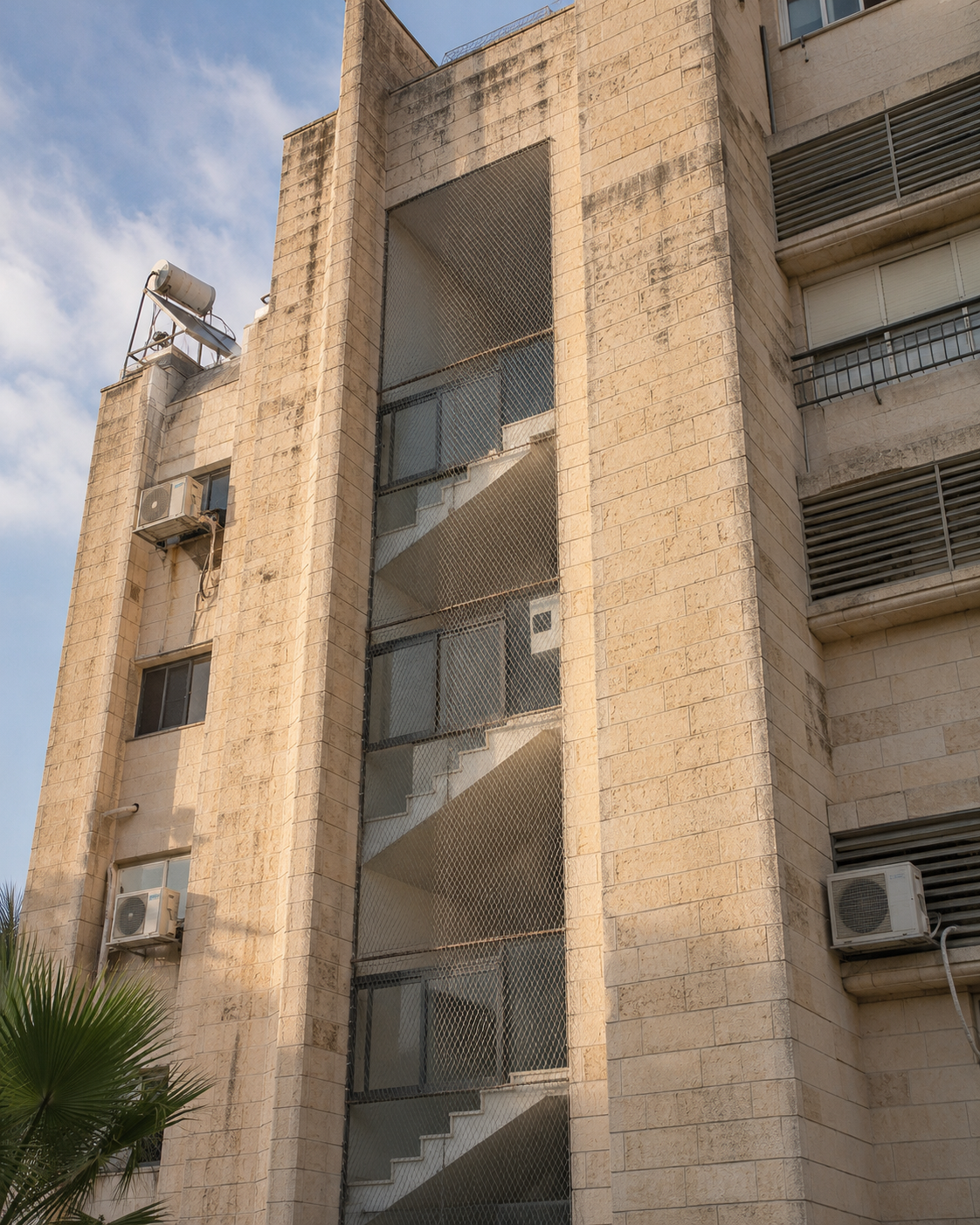 רשת נגד יונים פרושה על פתחי חדר המדרגות בחזית בניין מגורים משותף בישראל